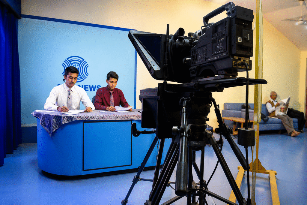 Broadcast studio with news anchors