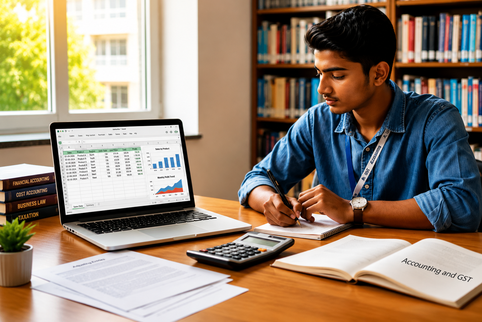 Focused student in a study library