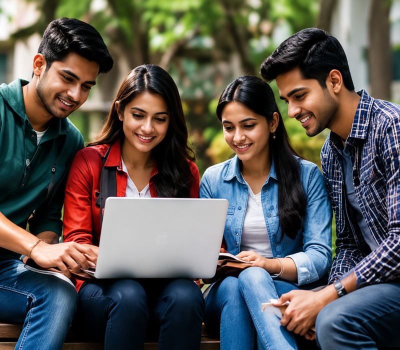 College students collaborating outdoors on campus
